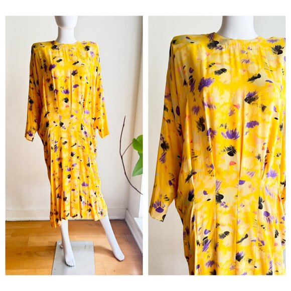Vintage 90s Nicole Miller Yellow Abstract Print Midi Dress 4 - Picture 7 of 7
